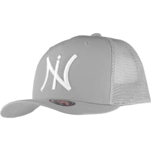 A grey trucker cap with a mesh back and a prominent logo on the front.