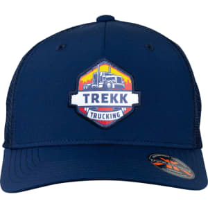 A navy Turbine Trucker Cap featuring a hexagonal logo on the front. It has a mesh back for ventilation.