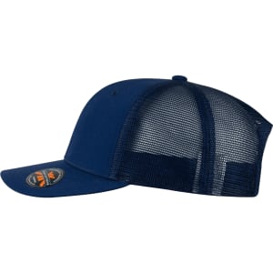 A navy blue trucker cap featuring a mesh back and a logo on the front panel.