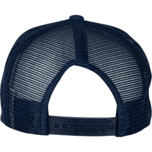 A navy trucker cap featuring a mesh back and adjustable snap closure. Includes a logo on the side.