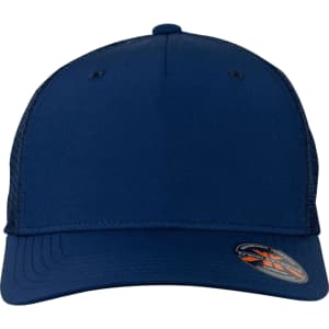 A navy blue trucker cap featuring a solid front and a mesh back, with a logo on the side.