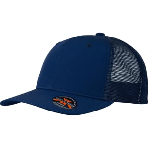 A navy blue trucker cap featuring a mesh back and a logo on the front.