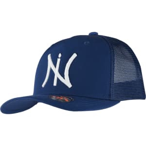 A blue trucker cap with a mesh back and a logo featuring stylised letters in white.