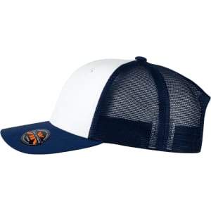 A navy and white trucker cap featuring a mesh back and a logo on the front.