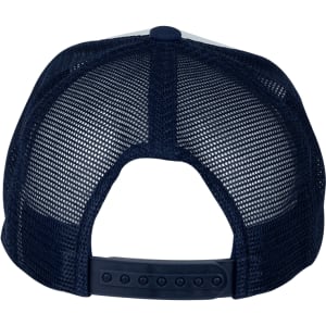 A navy blue trucker cap featuring a mesh back and an adjustable strap. It has a logo on the side.