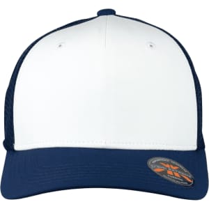 A navy and white trucker cap with mesh sides and a logo on the front.