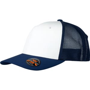A white and navy trucker cap featuring a mesh back and a logo on the front.