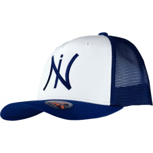 A white and navy blue trucker cap with a mesh back and a logo.