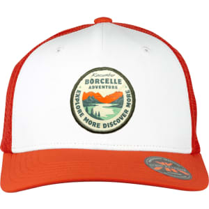 A white and orange trucker cap featuring a round logo with a mountain design.