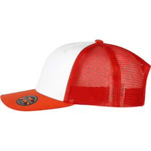 A red and white trucker cap with a solid front and mesh back, featuring a logo on the brim.