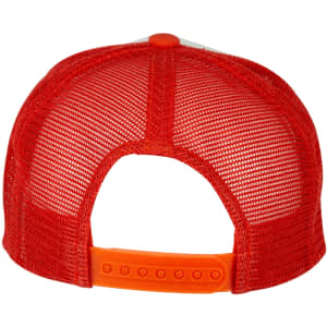 A red trucker cap featuring a mesh back and an adjustable snap closure. It has a logo on the front.