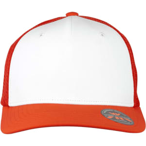 A red and white Turbine Trucker Cap featuring a mesh back and a rounded peak, with a logo on the side.