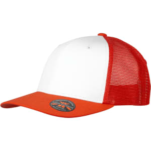 A red and white trucker cap featuring a mesh back and a circular logo on the front.
