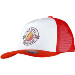 A red and white trucker cap featuring a logo and mesh backing. Ideal for casual wear.