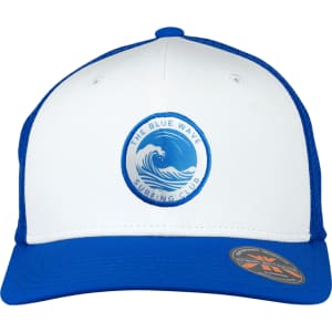 A blue and white trucker cap featuring a circular logo with a wave design.