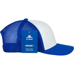 A blue and white trucker cap featuring a mesh back and a tag with branding.