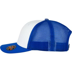 A blue and white Turbine Trucker Cap featuring a mesh back and a logo on the front.