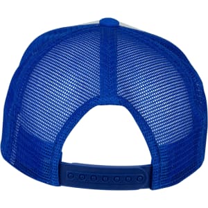 A blue trucker cap featuring a mesh back and an adjustable strap. Branding is present on the cap.