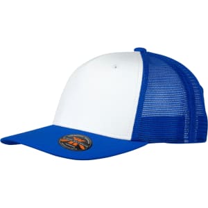 A blue and white trucker cap with a mesh back and a branding logo on the front.