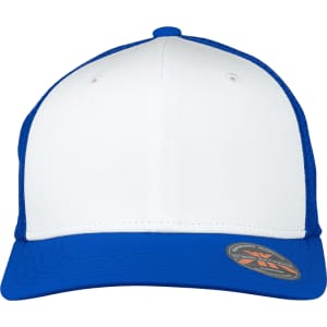 A trucker cap featuring a white front and vibrant blue mesh sides, complete with a brand logo.