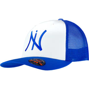 A blue and white trucker cap featuring a logo on the front and a mesh back.