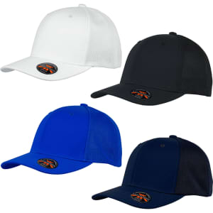 A collection of four caps in white, black, blue, and navy, featuring a logo on the front.