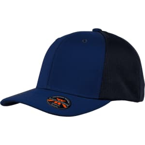 A navy blue cap featuring mesh panels and a logo on the front. It has a structured design and a curved brim.