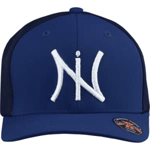 A navy blue cap featuring white embroidered branding. The design includes a mesh back for breathability.
