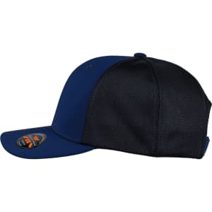 A navy blue and black cap featuring a mesh back and a logo on the front.