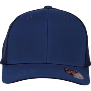 A navy blue cap with a mesh back and a branded logo on the side.