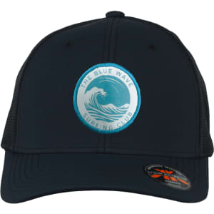 A dark navy cap with a mesh back featuring a circular logo of a wave and text.