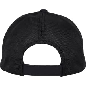A black mesh cap featuring a curved brim and adjustable back. It has a logo on the front.