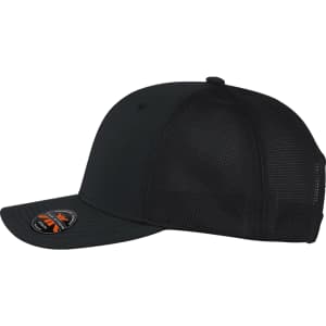 A black cap with mesh panels and a curved peak, featuring a logo on the front.
