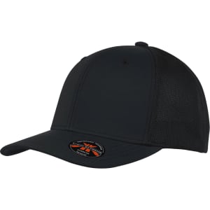 A black cap featuring a mesh design and a branded logo on the front.