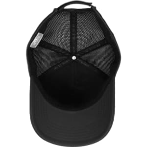 A black mesh flex cap featuring a structured design and a back strap for adjustability. It includes a logo on the side.