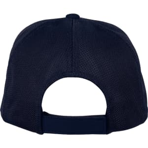 A navy blue mesh flex cap featuring a snapback closure and a breathable design.