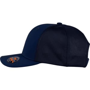 A navy blue cap with a mesh side panel and a curved brim, featuring a logo on the front.