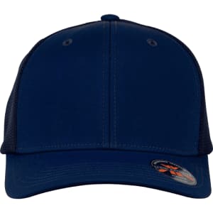 A navy blue cap featuring mesh sides and a branded logo on the side.