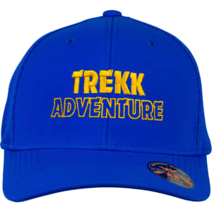 A blue cap with a structured design, featuring a yellow logo and adjustable back.