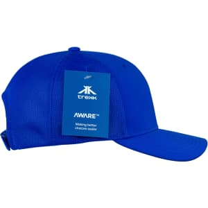 A blue mesh cap with a curved visor and an adjustable back, featuring a logo and tag.