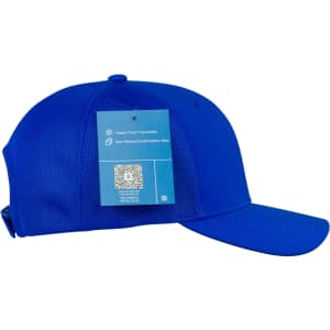 A blue Stealth Mesh Flex Cap with a mesh side design and a tag attached.