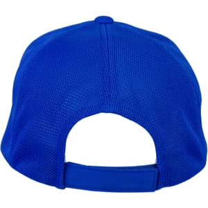 A blue mesh cap with an adjustable strap at the back and a logo on the side.