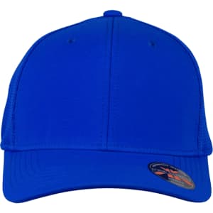 A blue cap with a mesh back and a slight curve in the brim, featuring a logo on the side.