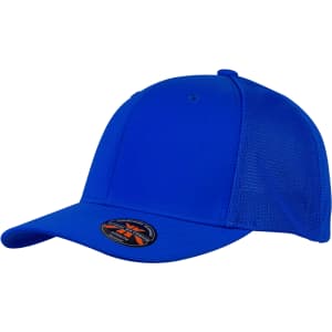 A blue cap with a mesh panel and an emblem on the side, featuring a structured design.