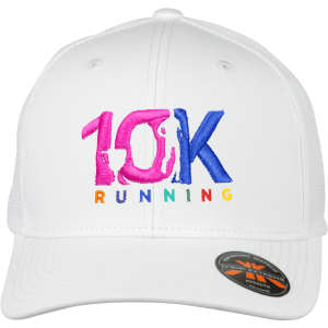 A white cap with a colourful embroidered design featuring "10K RUNNING" and a logo on the side.