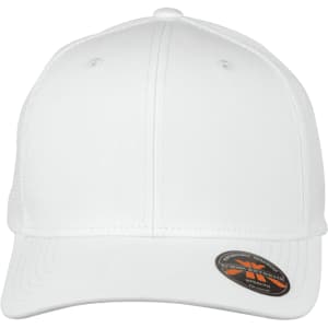 A white cap made of mesh material, featuring a structured front and a logo on the side.