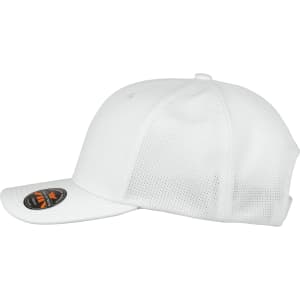A white mesh flex cap featuring a curved brim and a branded logo on the front.