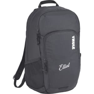A grey laptop backpack with zippers, mesh side pocket, and a logo prominently displayed.