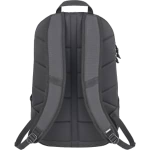 A black laptop backpack with padded back and adjustable straps, featuring a branding logo.