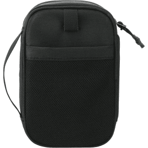 A black toiletries bag with a mesh front pocket and a zipper closure. It features a handle for easy carrying.
